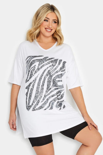 Vervegrand büyük beden payetli V yaka beyaz t-shirt ön görünüm
