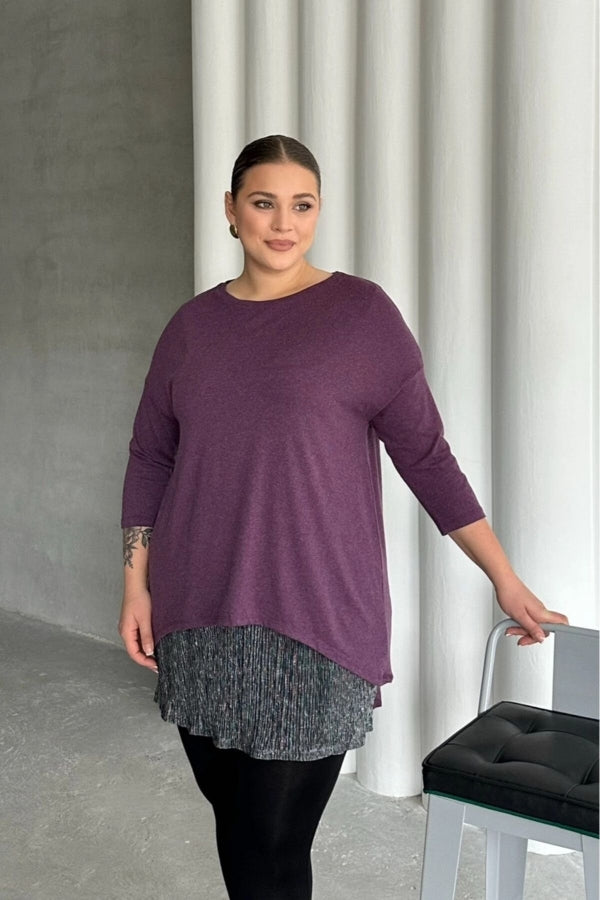 Büyük Beden Eteği Tül Detaylı Uzun Kollu İnce Bluz 84-106 Vervegrand