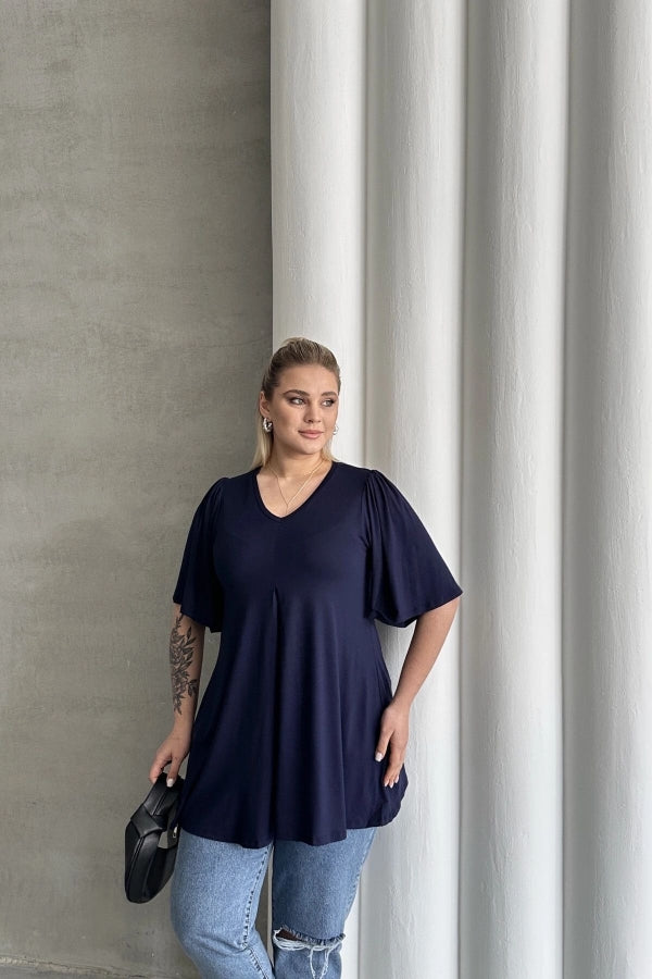 Büyük Beden V Yaka Desensiz Asimetrik Kesim Likralı Bluz MDL-6 Vervegrand