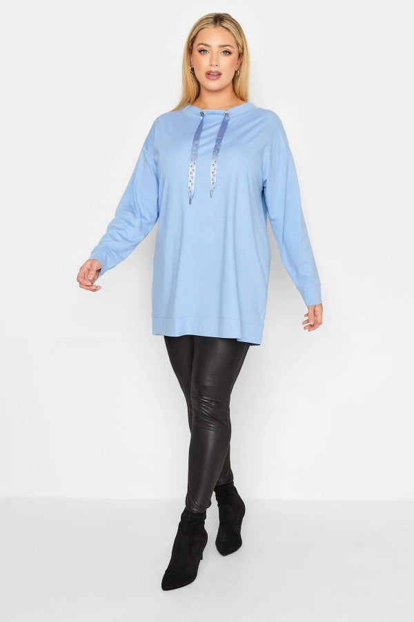 Vervegrand büyük beden yıldız işlemeli ipli yaka mavi sweatshirt