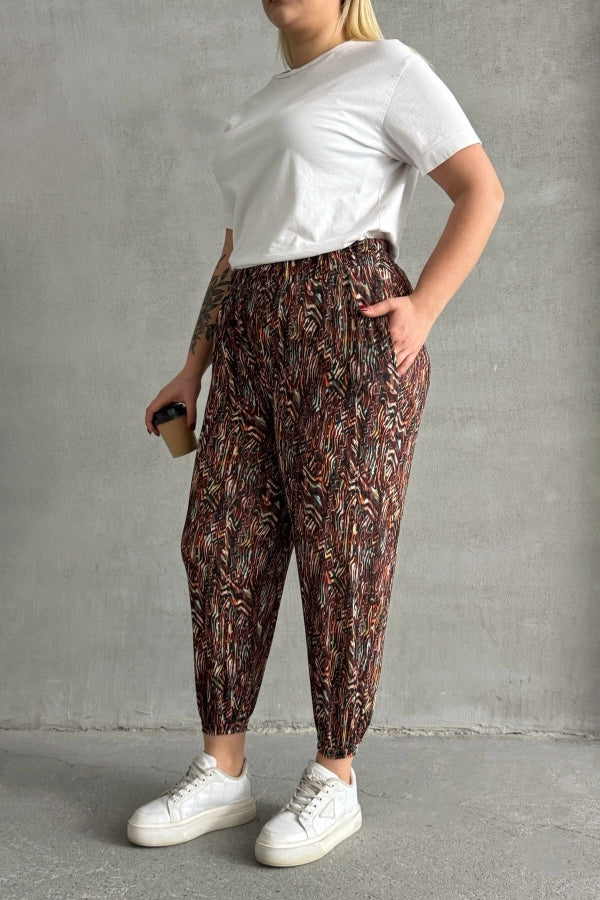 Büyük Beden Beli ve Paçası Lastikli Desenli Cepli Pantolon 74-77 Vervegrand