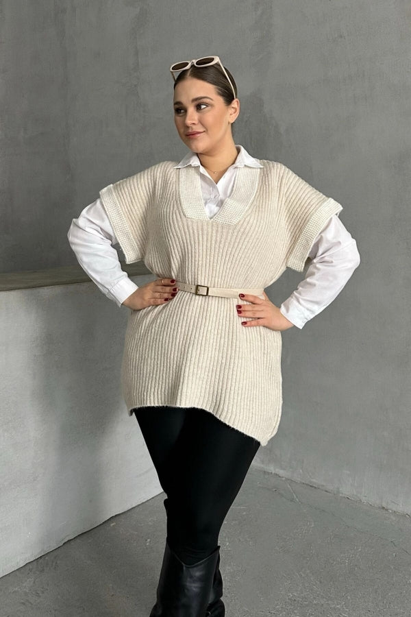 Büyük Beden V Yaka Kısa Kollu Triko Süveter 302137 Vervegrand