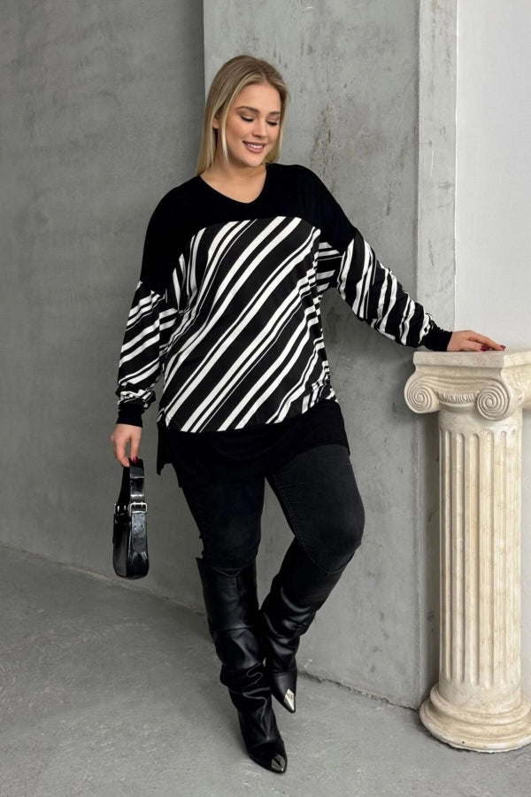 Büyük Beden V Yaka Uzun Kollu Bileği Lastikli Yırtmaçlı Bluz 303085 Vervegrand