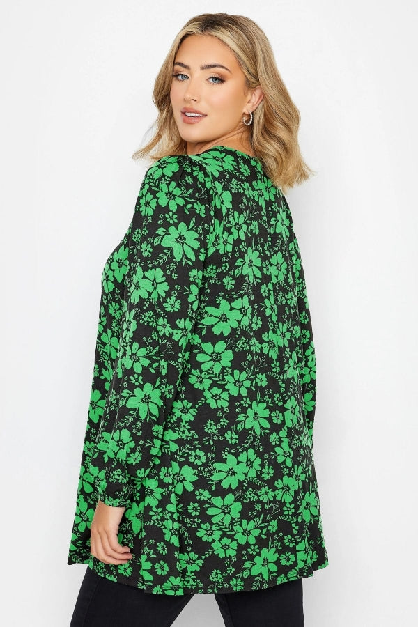 Büyük Beden V Yaka Uzun Kollu Bilekleri Lastikli Eteği Fırfırlı Likralı Bluz 321116 Vervegrand