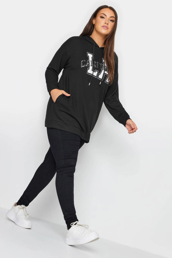 Büyük Beden Kapüşonlu Payet Ve Yazı Detaylı Uzun Kollu Cepli Sweatshirt 302568 Vervegrand