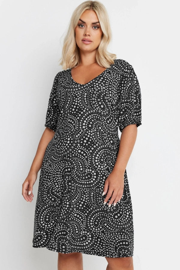 Büyük Beden V Yaka Kolu Lastikli Desenli Kısa Elbise 137992 Vervegrand