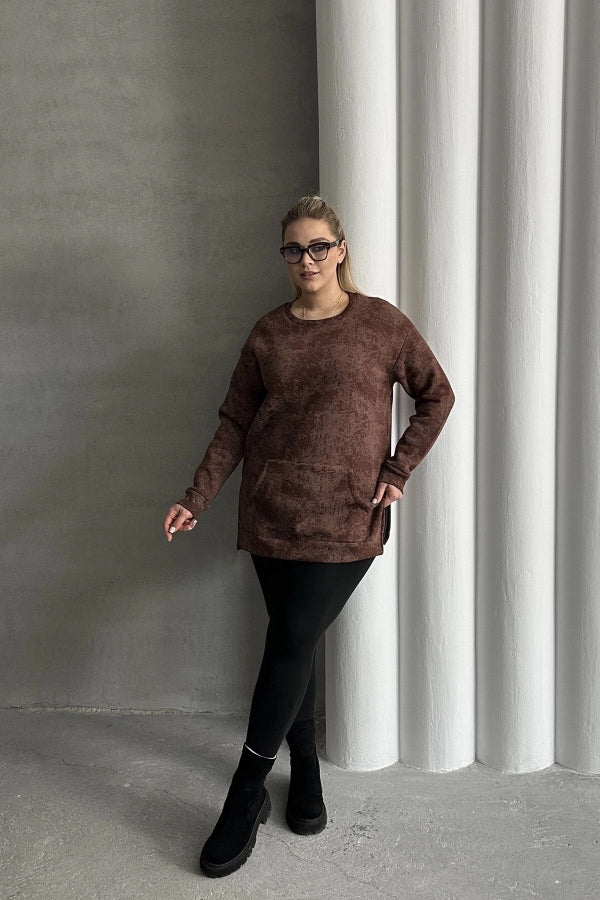 Büyük Beden Uzun Kollu Bisiklet Yaka Önü Cepli Desenli Sweatshirt 106-79 Vervegrand