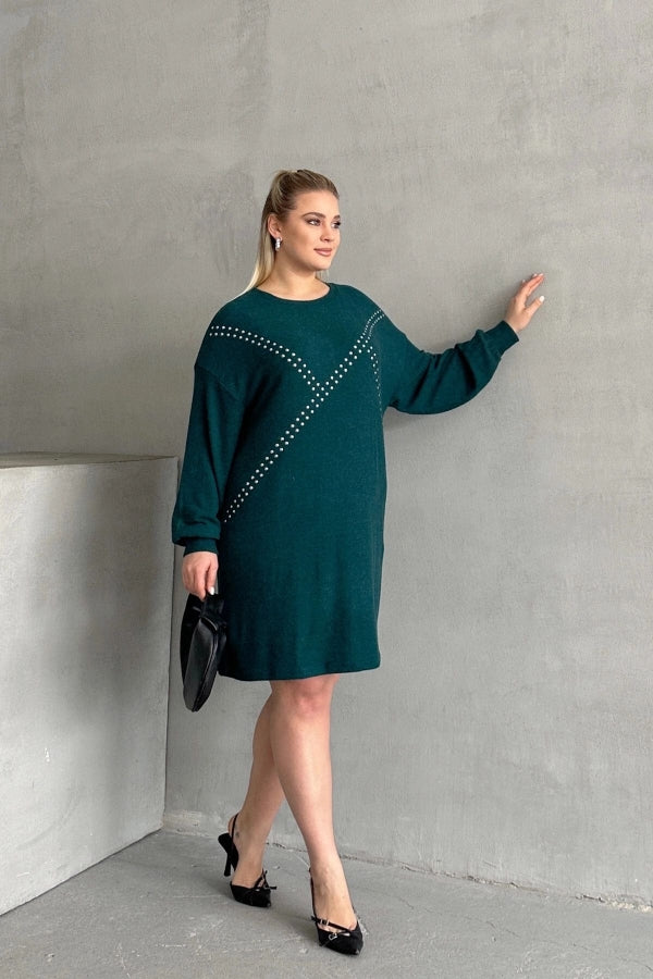 Büyük Beden Uzun Kollu Yumuşak Dokulu Taş İşlemeli Triko Elbise 285040 Vervegrand
