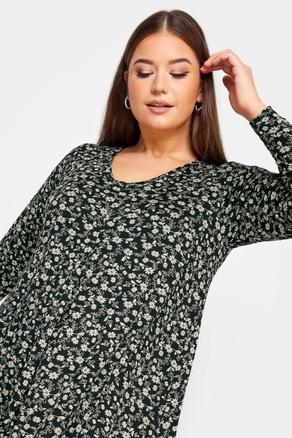 Büyük Beden V Yaka Çiçek Desenli Uzun Kollu Kısa Elbise 302734 Vervegrand