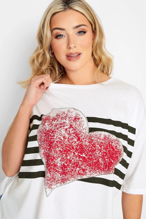 Büyük Beden Kalp Baskılı Yanı Yırtmaç Detaylı Yarım Kollu Bisiklet Yaka T-shirt 320964 Vervegrand