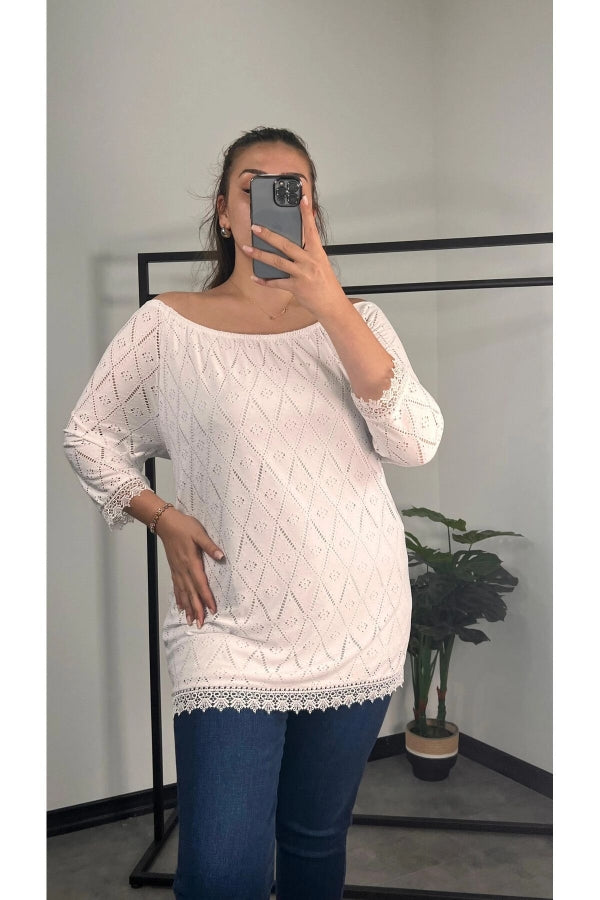 Büyük Beden Bisiklet Yaka Dantel Detaylı Fakir Bol Bluz 301195 Vervegrand