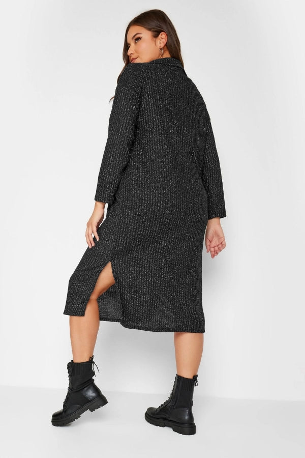 Büyük Beden Polo Yaka Yırtmaç Detaylı Midi Boy Triko Elbise 301580 Vervegrand