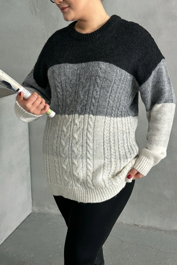 Büyük Beden Uzun Kollu Bisiklet Yaka Renk Bloklu Triko Kazak DG-04 Vervegrand