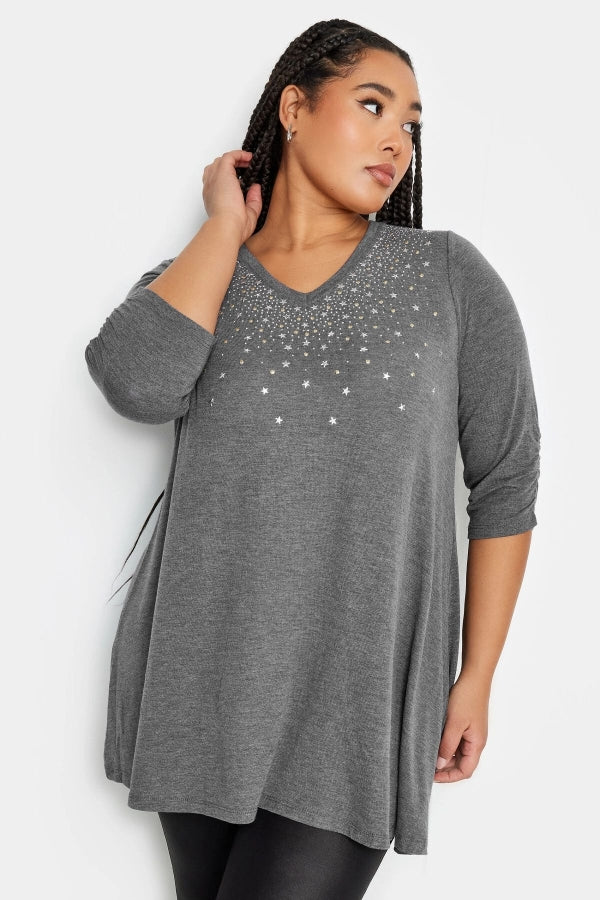 Büyük Beden V Yaka Yıldız Zımba Detaylı Yarım Kollu Bluz 302677 Vervegrand