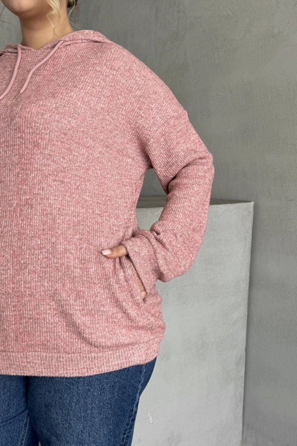 Büyük Beden Uzun Kollu Kapüşonlu Yanları Cepli İnce Örme Sweatshirt 300373 Vervegrand