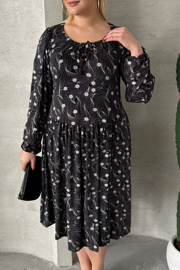 Büyük Beden Uzun Kollu Yakası Bağlama Detaylı Desenli Elbise 100-73 Vervegrand