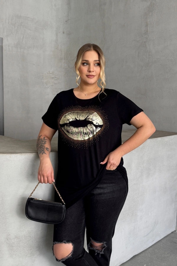 Büyük Beden Kısa Kollu Bisiklet Yaka Taş İşlemeli T-shirt 302264 Vervegrand