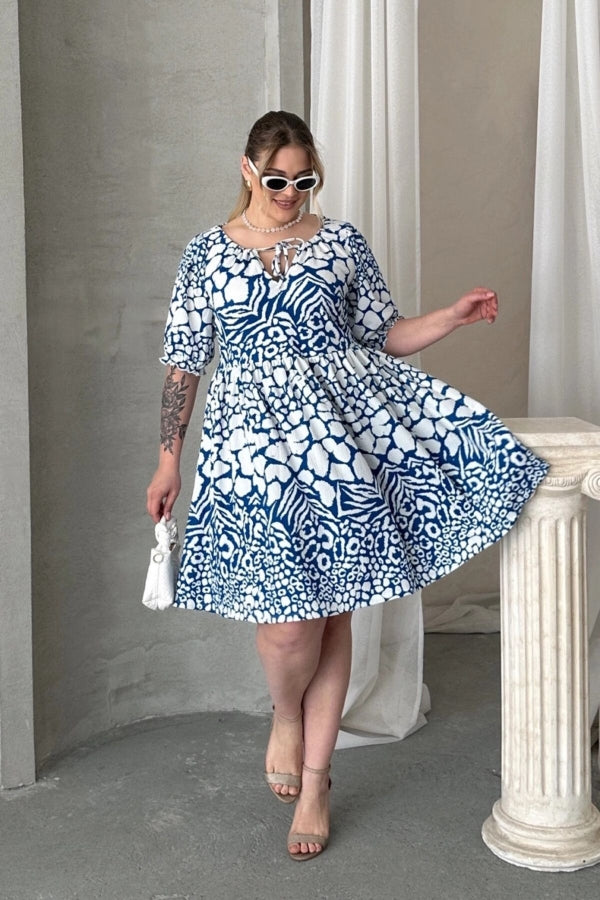 Büyük Beden Önü Bağlamalı Yarım Kollu Desenli Mini Elbise 101-9 Vervegrand