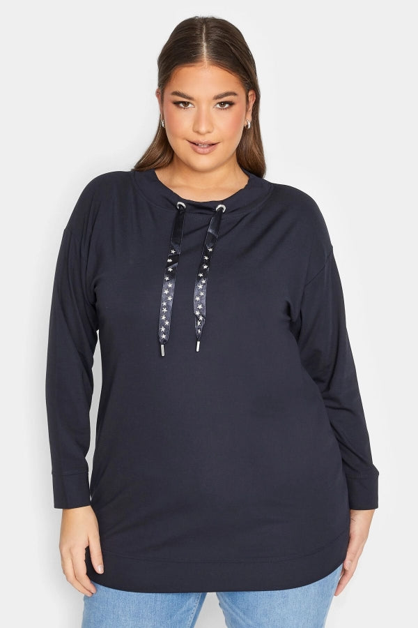 Vervegrand büyük beden siyah yıldız işlemeli ipli sweatshirt