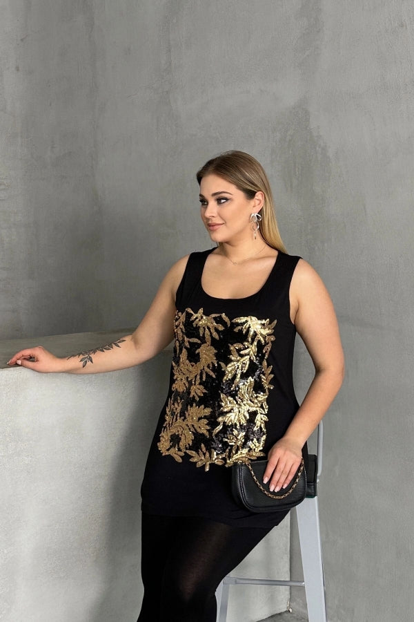 Büyük Beden Bisiklet Yaka Kolsuz Payetli Bluz 303102 Vervegrand