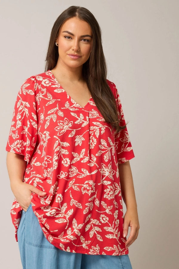 Büyük Beden V Yaka Kısa Kollu Önü Pileli Desenli Likralı Bluz 616172 Vervegrand