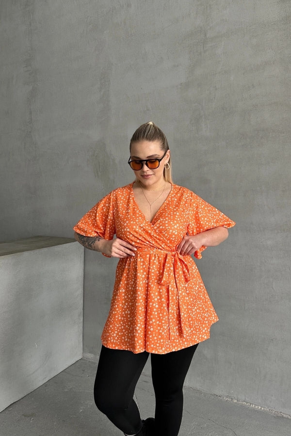 Büyük Beden Kısa Kollu V Yaka Önü Bağlama Detaylı Bluz 97-40 Vervegrand