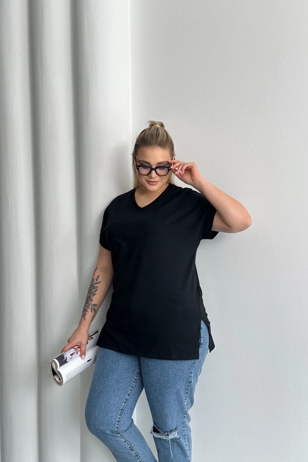 Büyük Beden Kısa Kollu V Yaka Yanları Yırtmaçlı Basic T-shirt RFT-02 Vervegrand