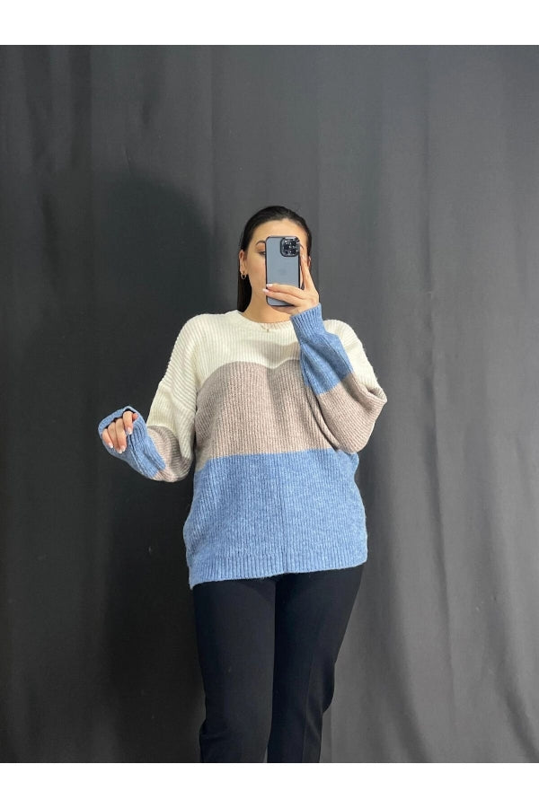 Büyük Beden Bisiklet Yaka Renk Geçişli Uzun Kollu Triko Kazak 302344 Vervegrand