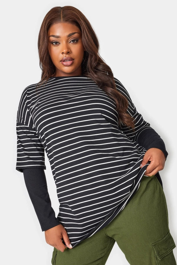 Büyük Beden Bisiklet Yaka Çift Katlı Kolları Çizgili T-shirt 302557 Vervegrand