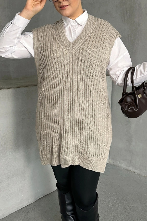 Büyük Beden V Yaka Kısa Kollu Triko Süveter 302133 Vervegrand