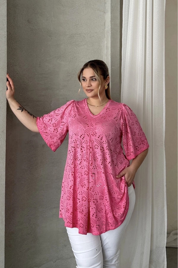 Büyük Beden V Yaka Kısa Kollu Dantel Detaylı Astarsız Bluz 302956 Vervegrand