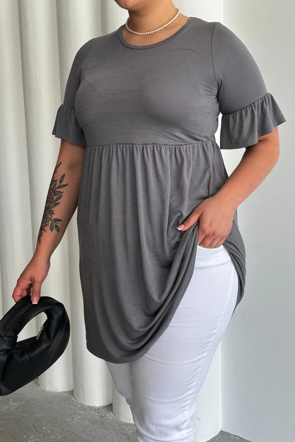 Büyük Beden Kol Detaylı Beli Lastikli Pileli Tunik T-shirt T43 Vervegrand