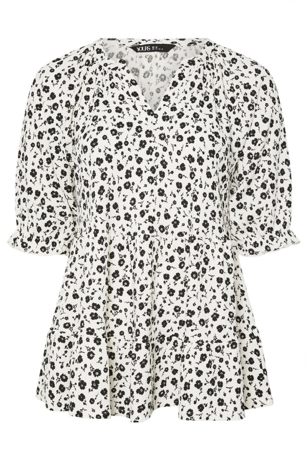 Büyük Beden Yarım Kollu V Yaka Eteği Fırfırlı Desenli Bluz 322572 Vervegrand