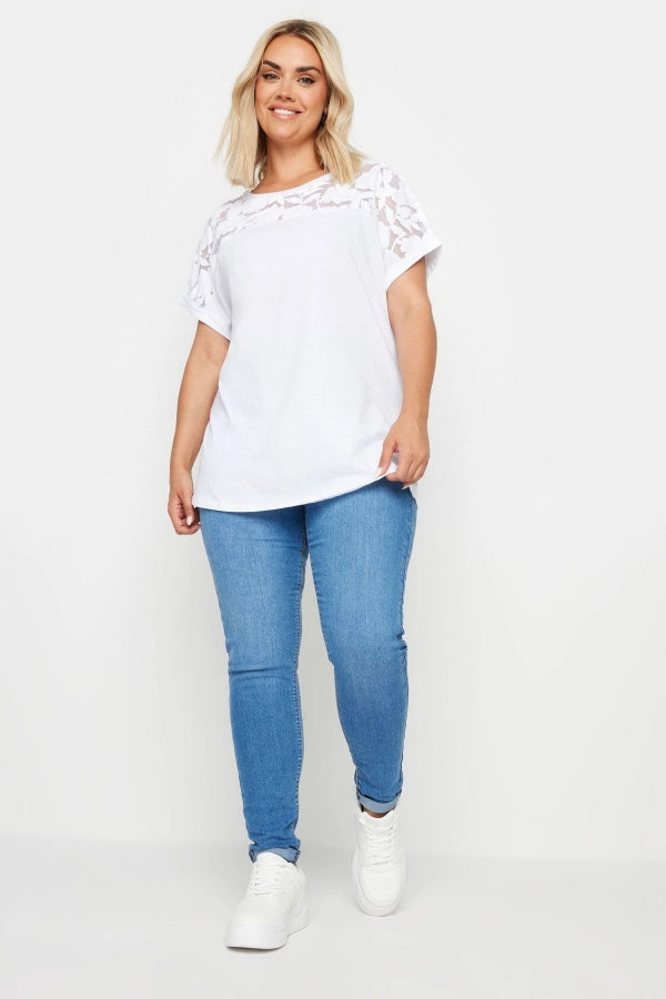 Büyük Beden Bisiklet Yaka Tül Detaylı Kısa Kollu T-shirt 321926 Vervegrand