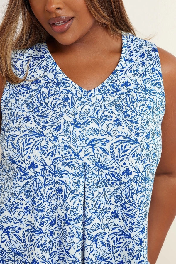 Büyük Beden V Yaka Önü Pileli Kolsuz Çiçek Desenli T-shirt 322684 Vervegrand