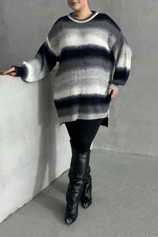 Büyük Beden Uzun Kollu Bisiklet Yaka Renk Bloklu Yırtmaçlı Triko Kazak 302345 Vervegrand