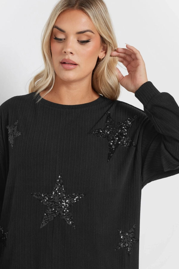 Vervegrand büyük beden payetli yıldız desenli siyah sweatshirt ön görünüm