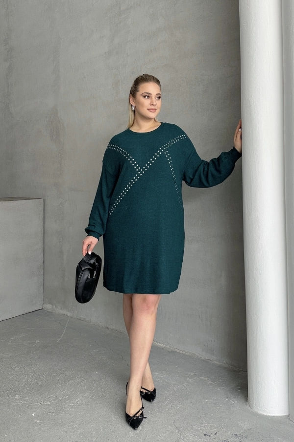 Büyük Beden Uzun Kollu Yumuşak Dokulu Taş İşlemeli Triko Elbise 285040 Vervegrand