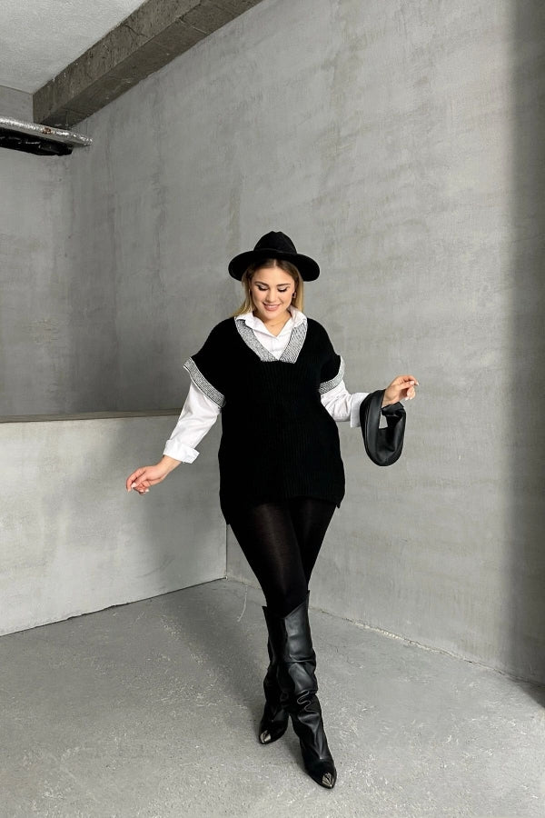 Büyük Beden V Yaka Kısa Kollu Triko Süveter 302139 Vervegrand