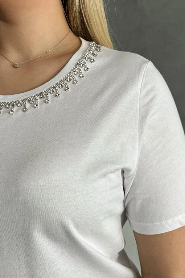 Büyük Beden Bisiklet Yaka Yakası Taş Detaylı Basic T-shirt SD-1064 Vervegrand