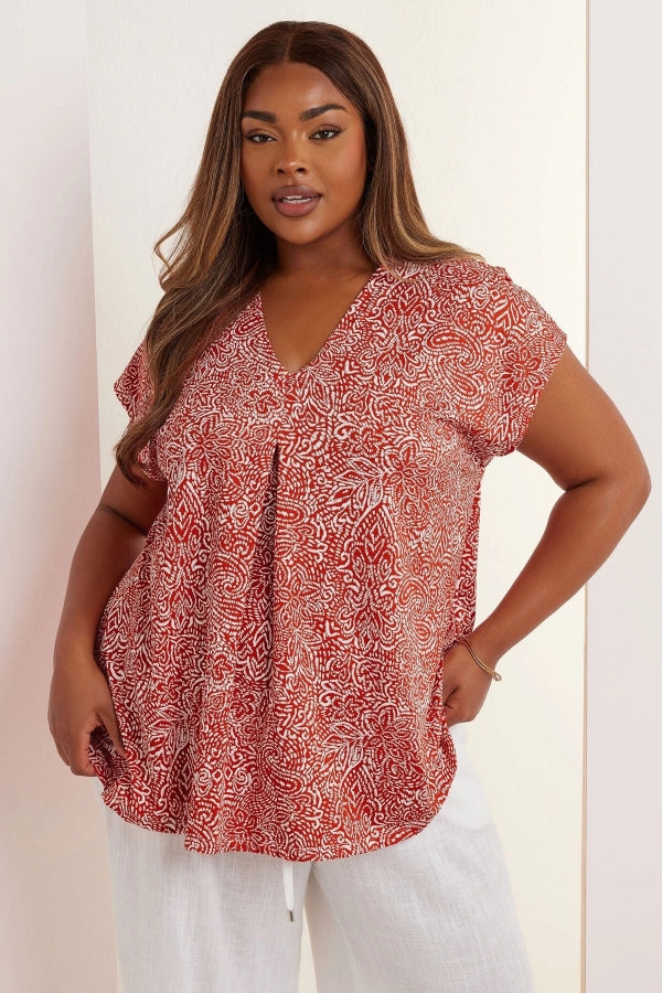 Büyük Beden V Yaka Çiçek Desenli Kısa Kollu T-shirt 322657 Vervegrand