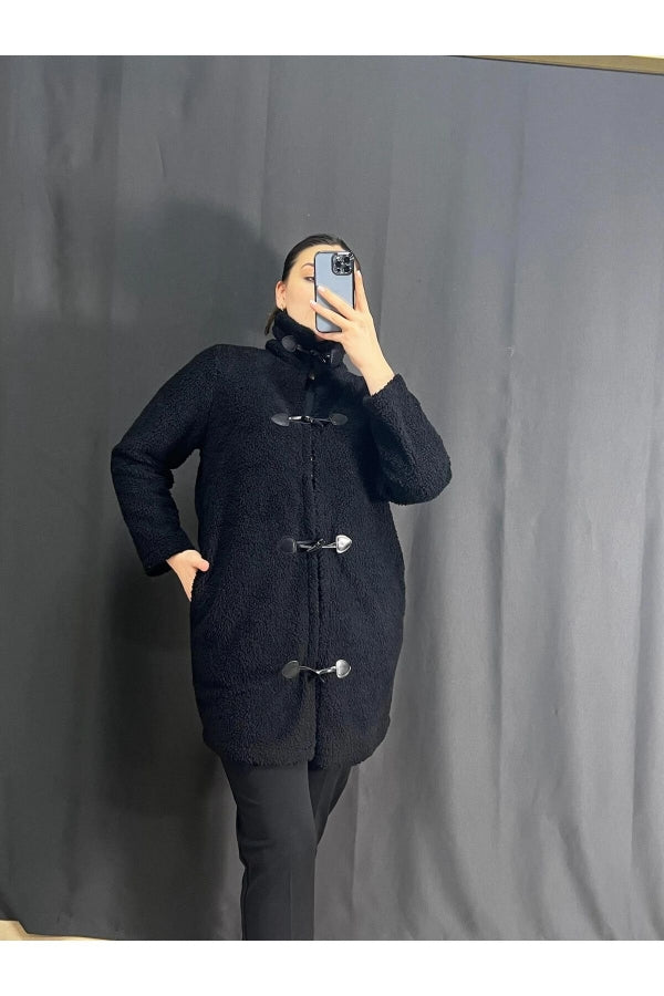 Büyük Beden Boğazlı Önü Kapamalı Cepli Peluş Kaban 302660 Vervegrand