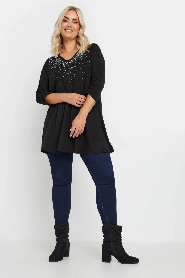 Büyük Beden V Yakası Taş İşlemeli Kolları Büzgülü Bluz 322223 Vervegrand