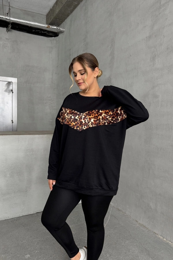 Büyük Beden Bisiklet Yaka Uzun Kollu Leopar Desenli Sweatshirt 300335 Vervegrand