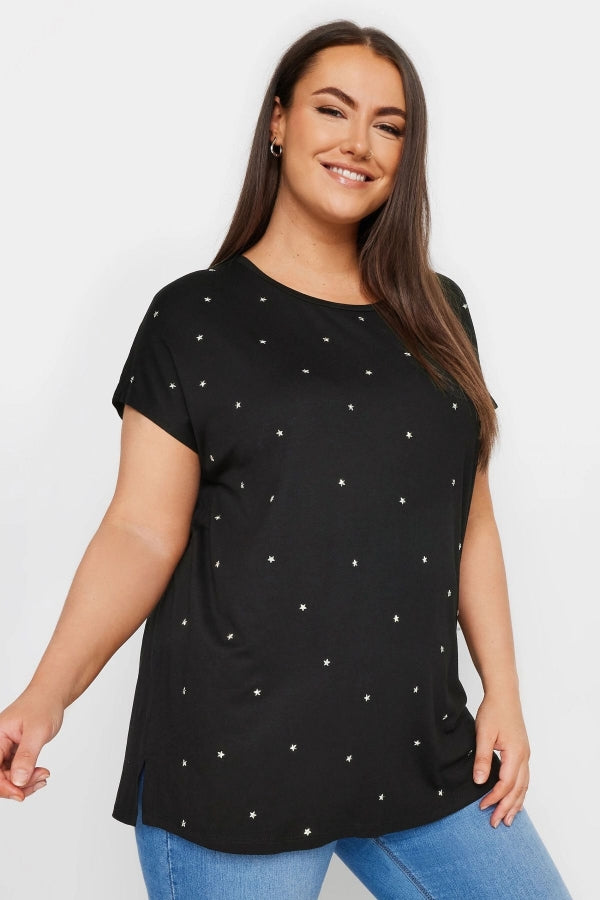 Büyük Beden Bisiklet Yaka Kısa Kollu Yıldız Zımbalı T-shirt 303260 Vervegrand