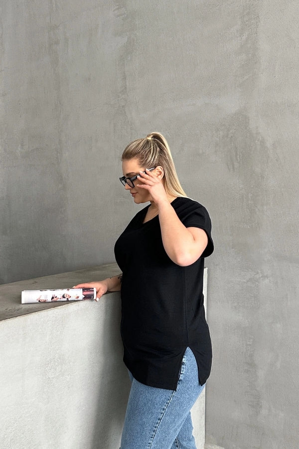 Büyük Beden Kısa Kollu V Yaka Yanları Yırtmaçlı Basic T-shirt RFT-02 Vervegrand