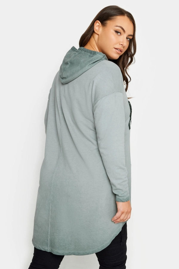 Büyük Beden Uzun Kollu Arkası Uzun Baskılı Yıkamalı Kapüşonlu Sweatshirt 302683 Vervegrand