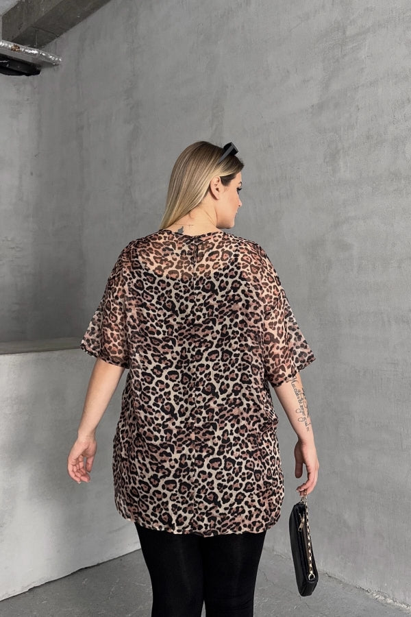 Büyük Beden Bisiklet Yaka Yarım Kollu Astarlı Transparan Bluz 303631 Vervegrand