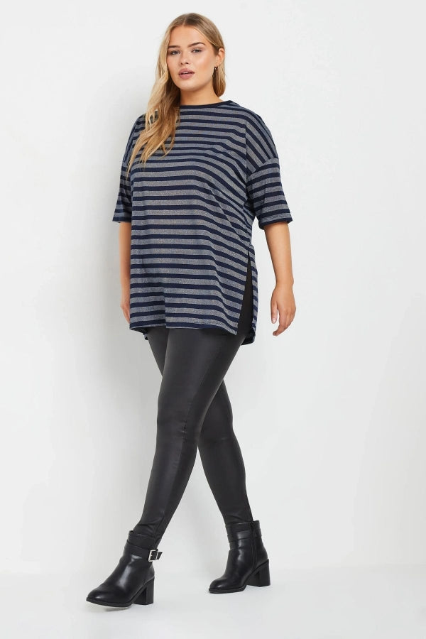 Büyük Beden Bisiklet Yaka Kısa Kollu Çizgili Yanları Yırtmaçlı T-shirt 303611 Vervegrand