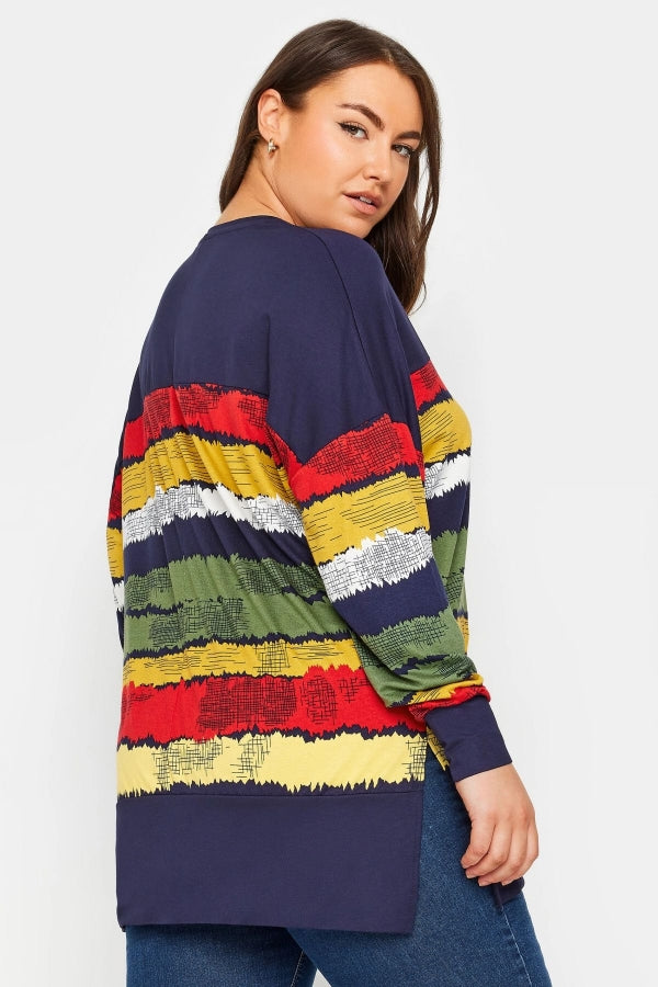 Büyük Beden V Yaka Çizgili Yanları Yırtmaçlı Uzun Kollu Bluz 303117 Vervegrand